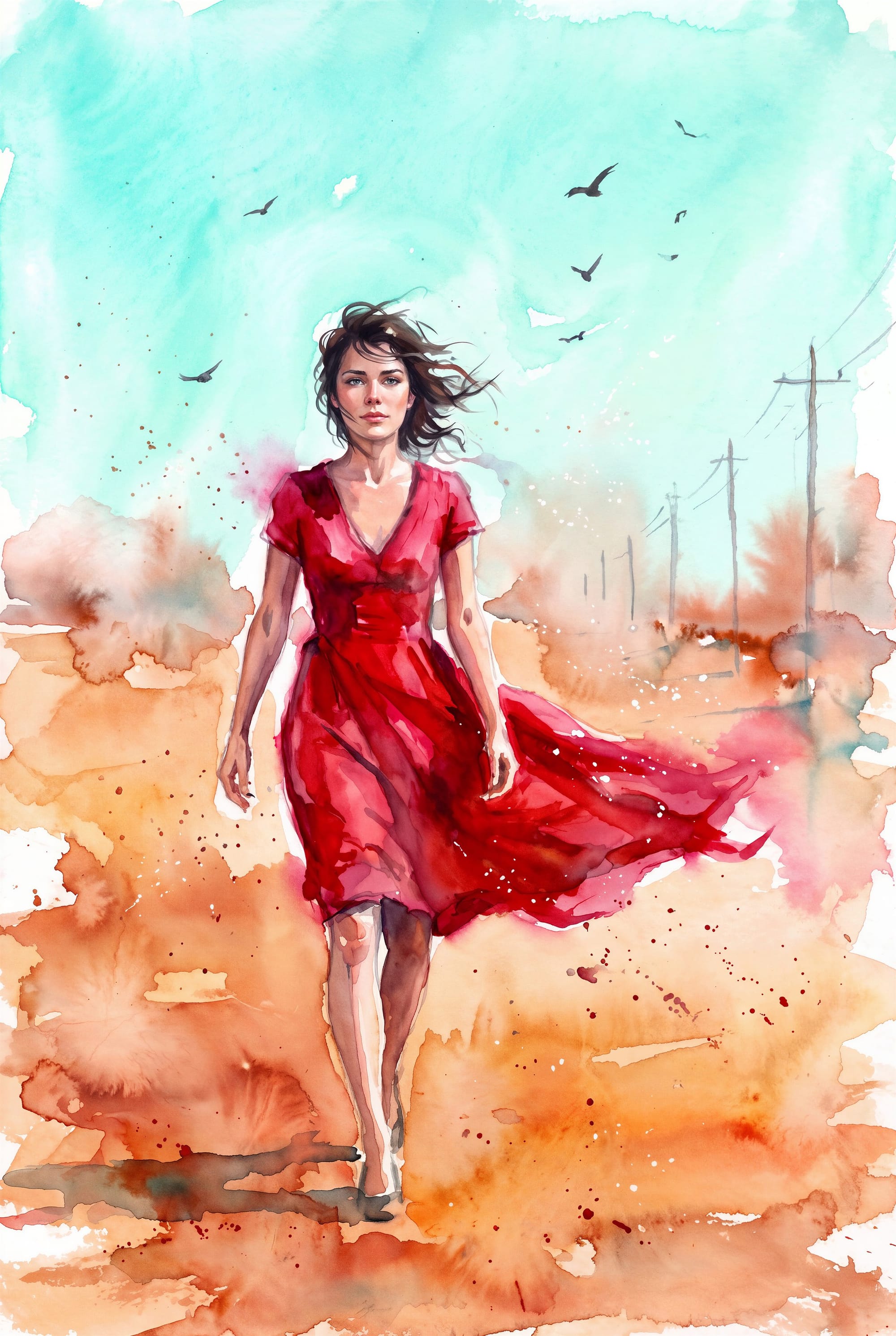 Watercolor painting of a determined woman walking toward the viewer through an open, wind-swept landscape rendered in turquoise, coral, and warm earth tones.