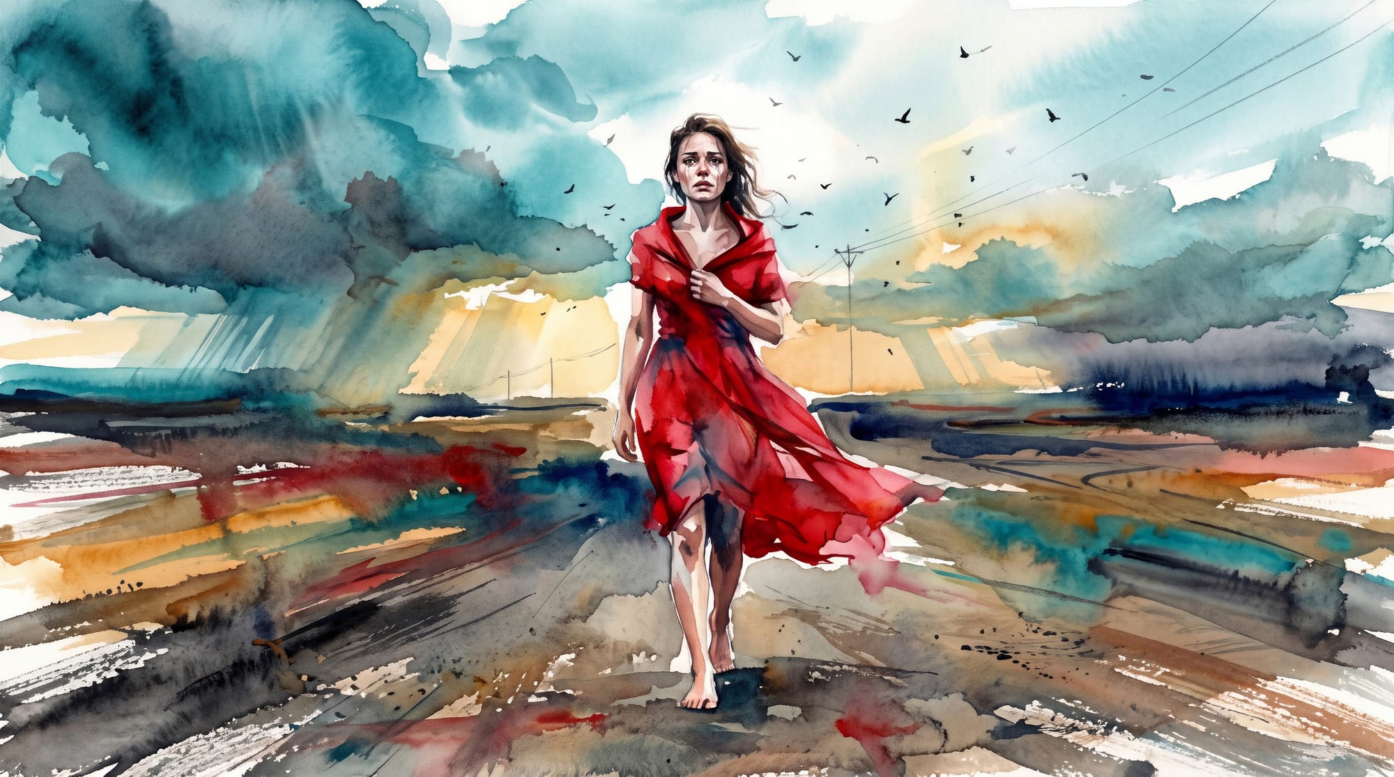 Wide watercolor painting of a solitary woman walking forward along an open road beneath a dramatic storm-filled sky.