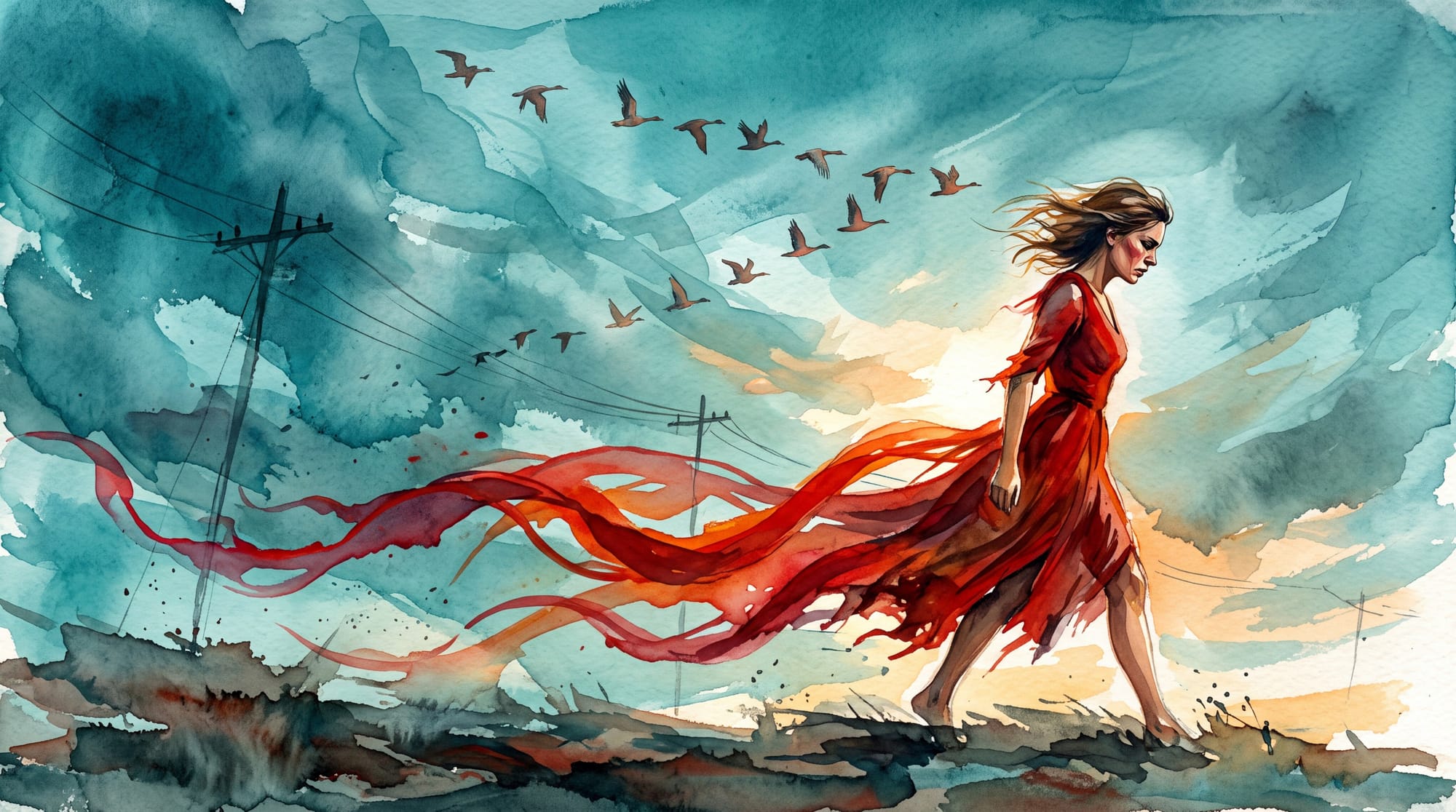 Wide side-profile watercolor painting of a woman moving purposefully across an expansive landscape as long painted forms stream behind her.
