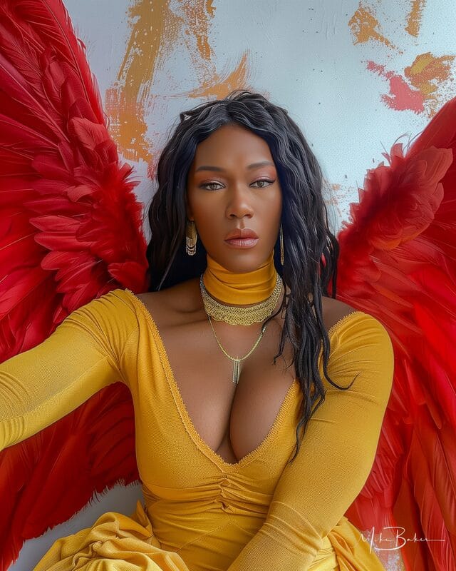 Warrior in golden armour with deep red wings, portrait