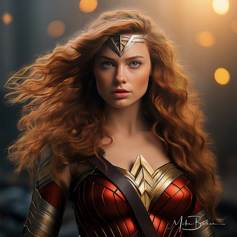 Warrior in red and gold armour with flowing auburn hair