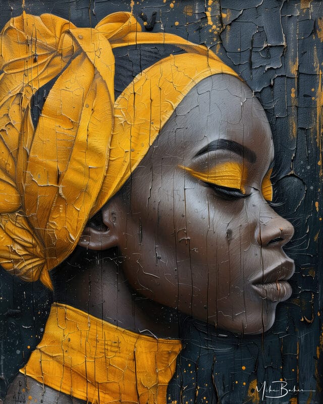 Textured painted profile of a woman in a yellow head wrap