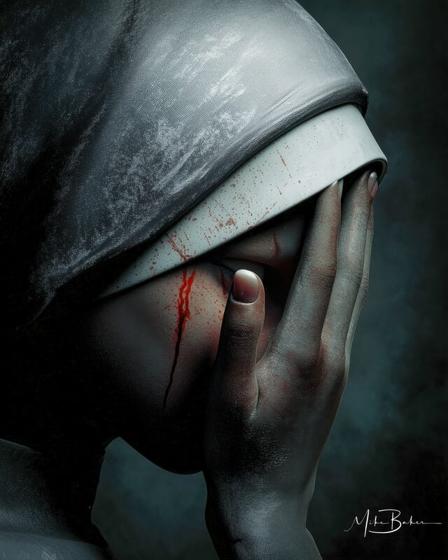 Hooded figure shielding her face, blood on her hand