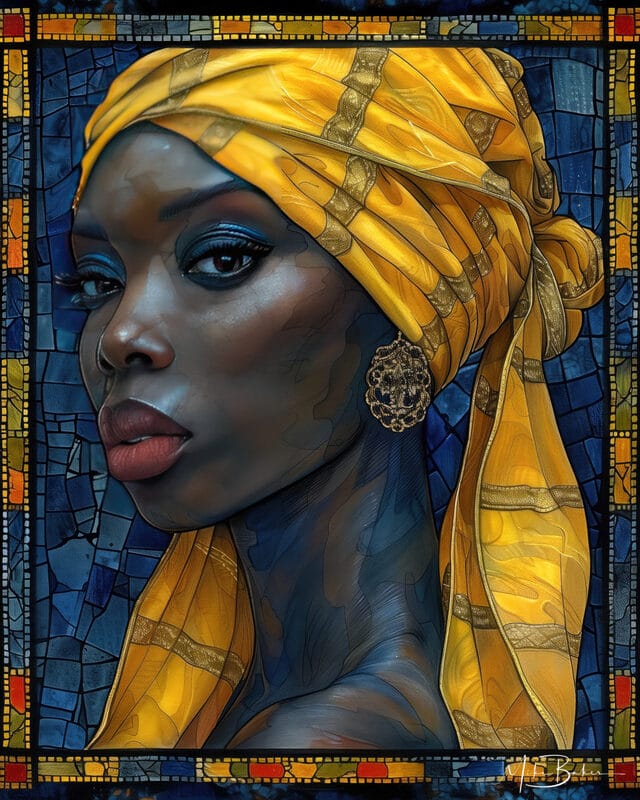 Stylised portrait of a woman in a yellow turban against deep blue