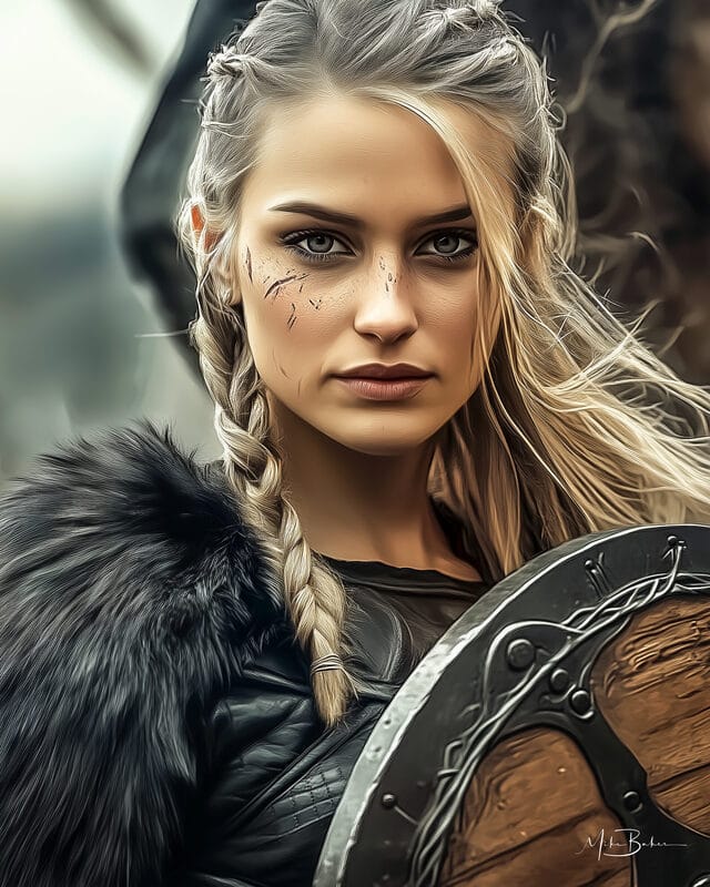 Braided warrior in fur with a carved shield
