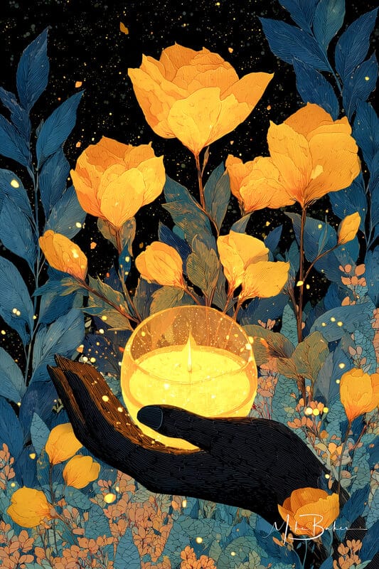 Yellow poppies above a candle held in cupped hands