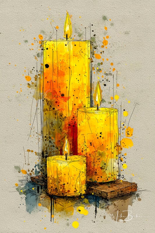 Painted study of lit yellow candles