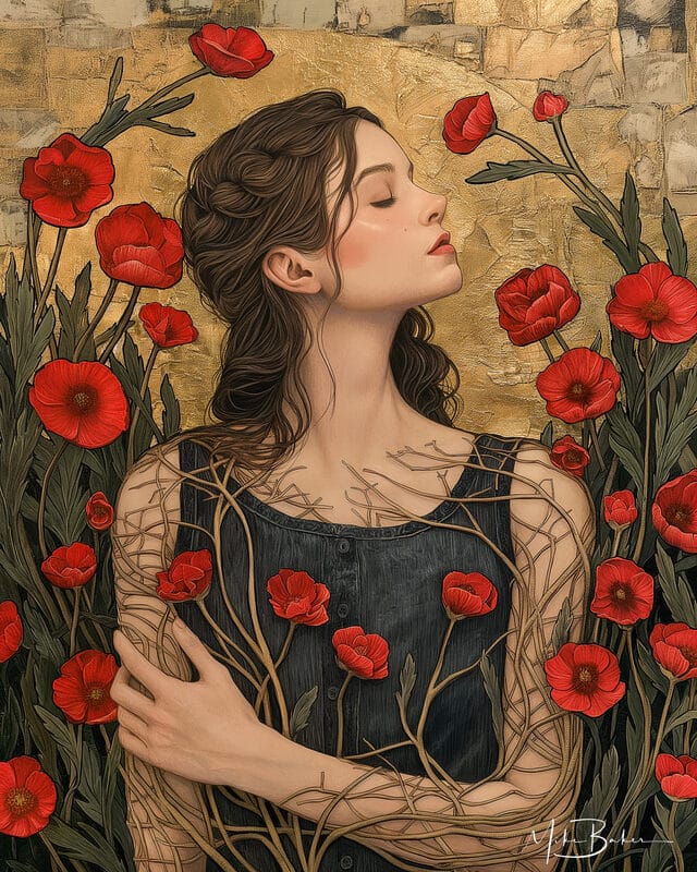 Woman resting among red poppies in an art nouveau style