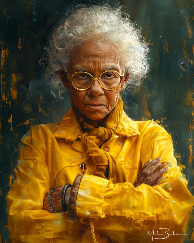 Older woman in a yellow coat, arms folded, meeting the viewer's eye
