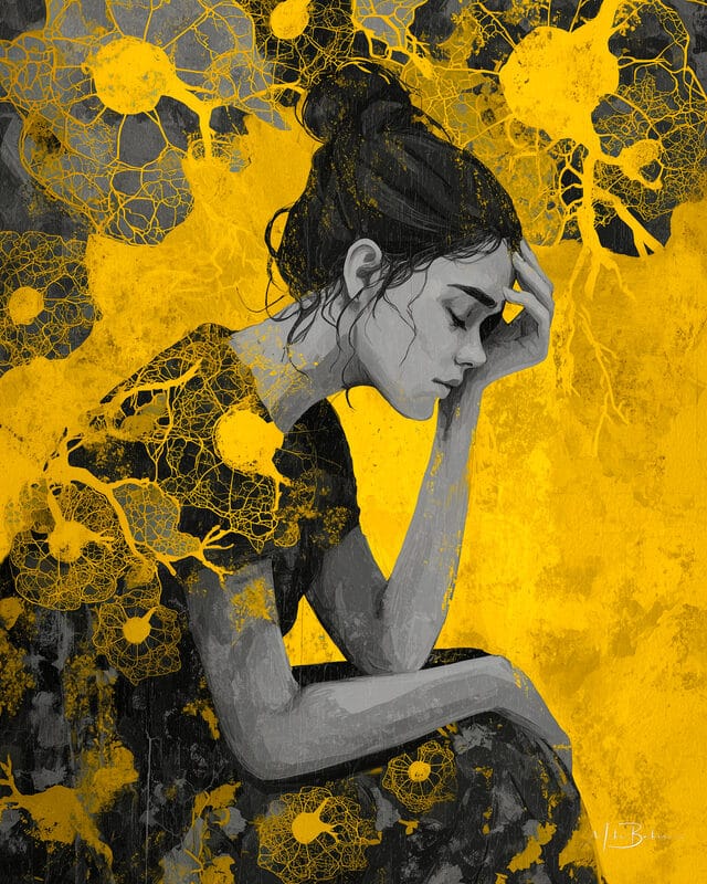 Figure curled inward, rendered in yellow and grey