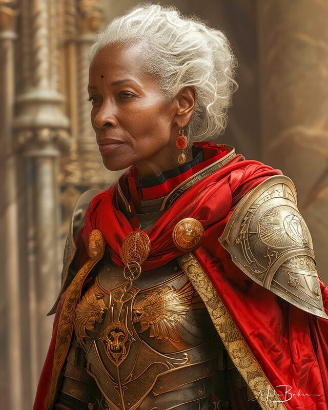 Older woman in gold armour and a crimson cloak