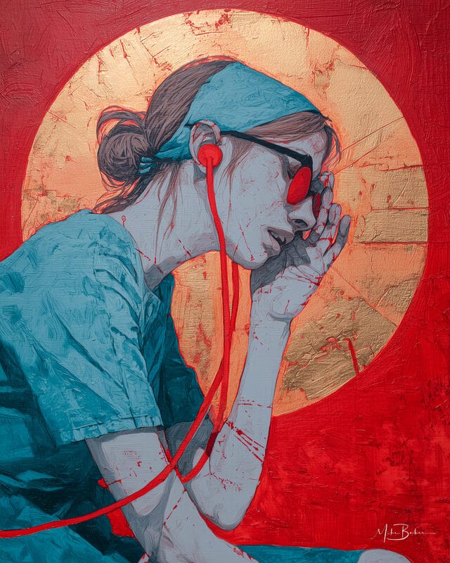Illustration of a woman gripping her head, red threads unspooling
