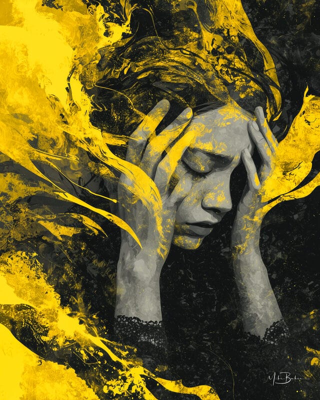 Figure with hands covering her face, yellow breaking through black