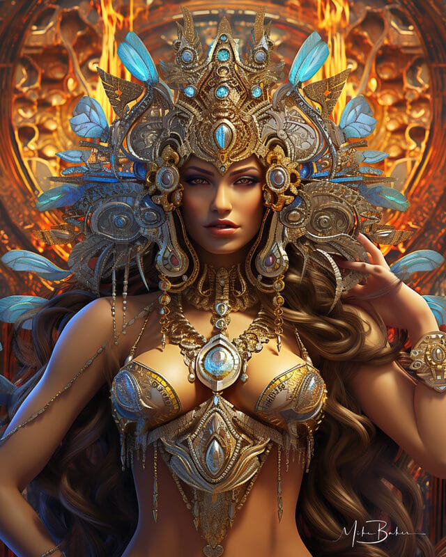 Goddess figure in an elaborate gold and blue headdress