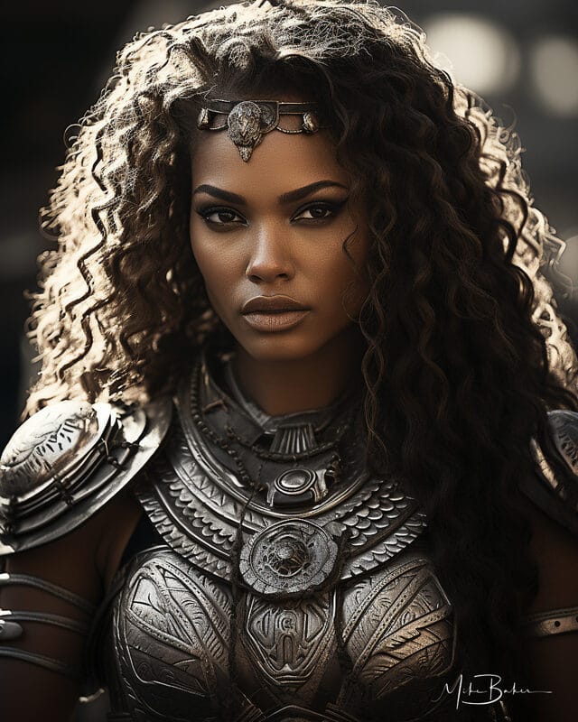 Warrior with curling hair in fitted silver armour