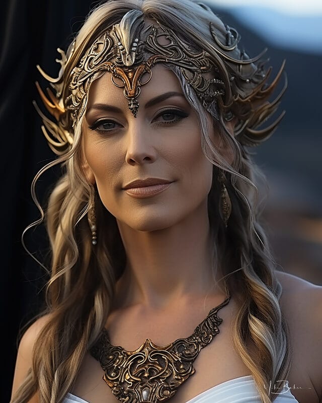 Portrait of an older warrior in gold, calm and direct