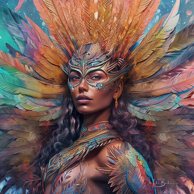 Portrait crowned with rainbow feathers and painted markings