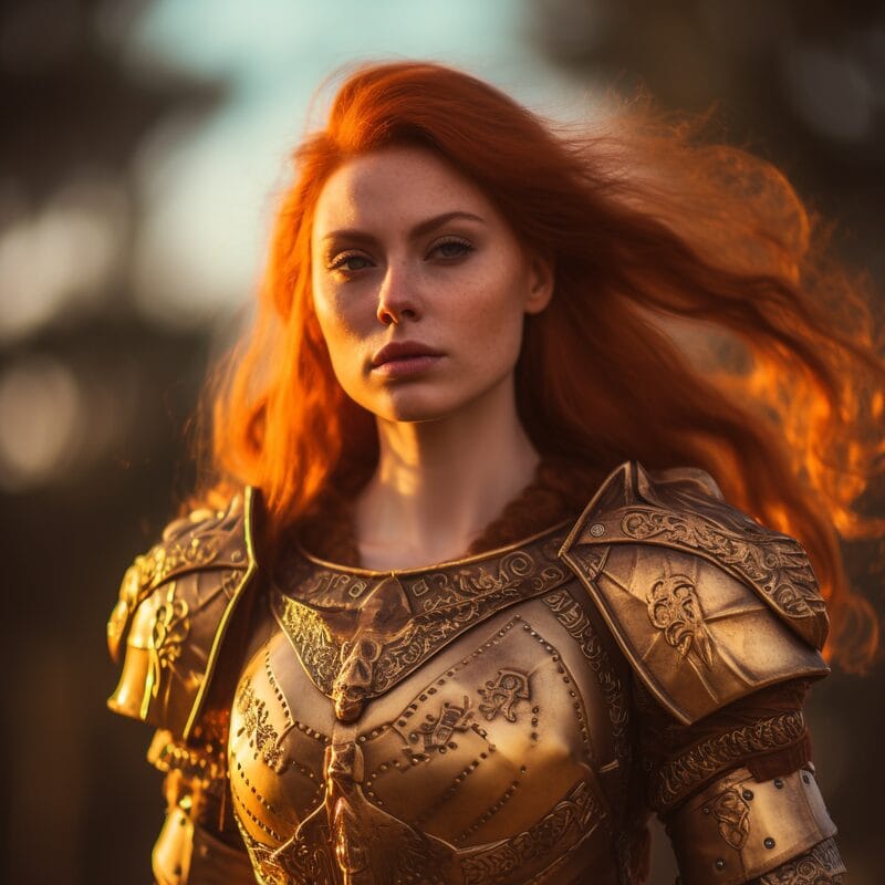 Red-haired warrior in engraved gold armour
