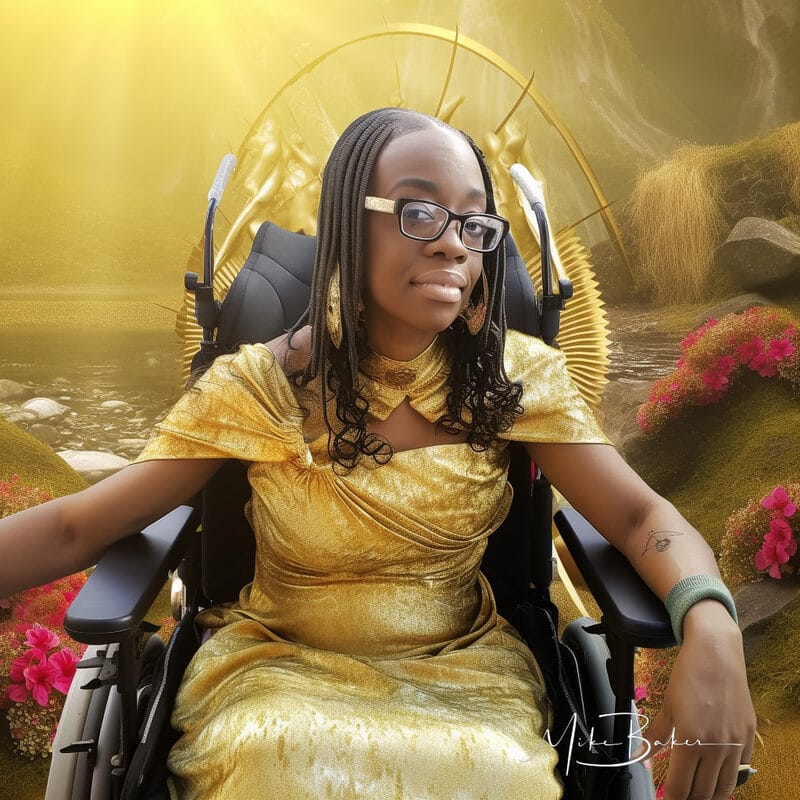 Woman in a yellow dress seated in her wheelchair