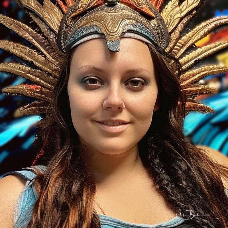 Warrior in a blue feathered headdress, smiling