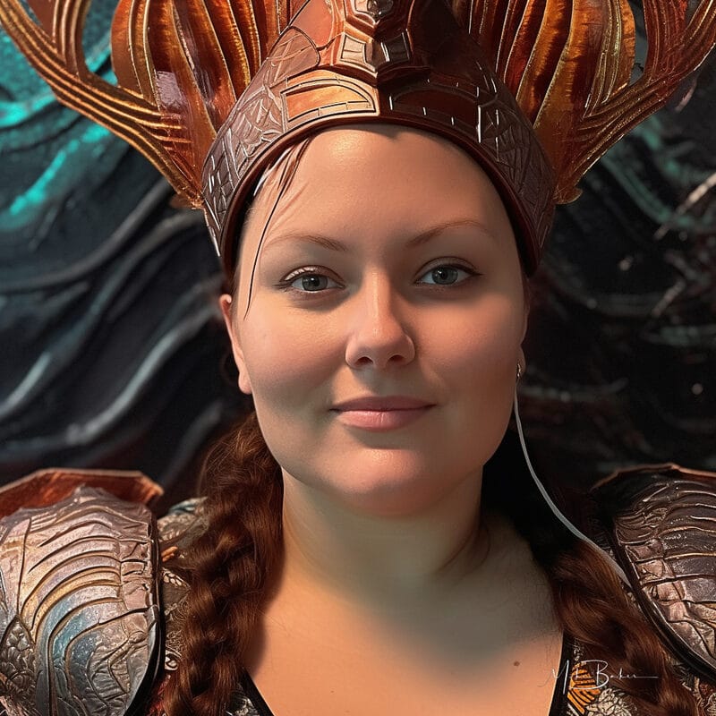 Crowned warrior with a long braid, smiling