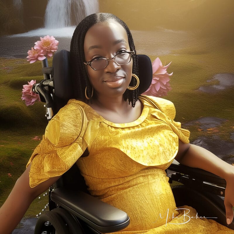 Woman in a yellow dress in her wheelchair, flowers at her shoulder