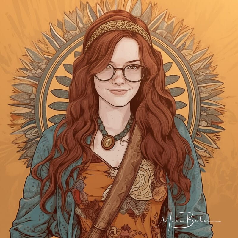 Illustrated portrait with glasses framed by a patterned halo