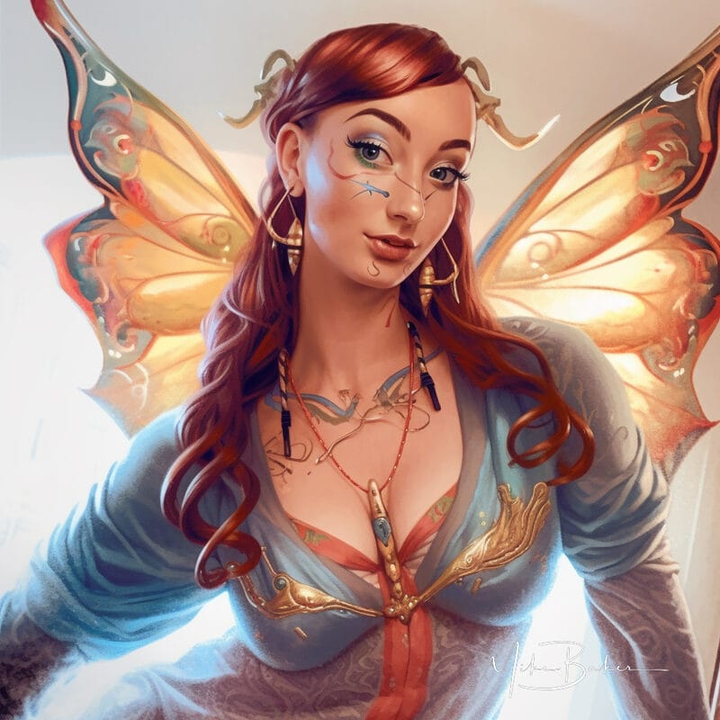 Illustrated figure with butterfly wings
