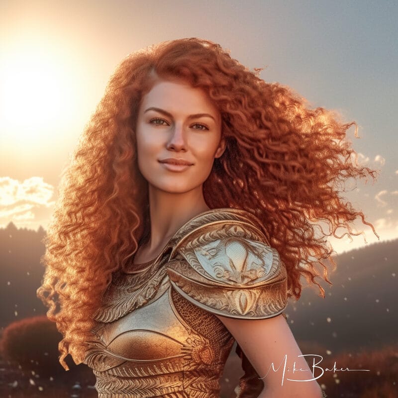 Warrior with red curls in pale silver armour