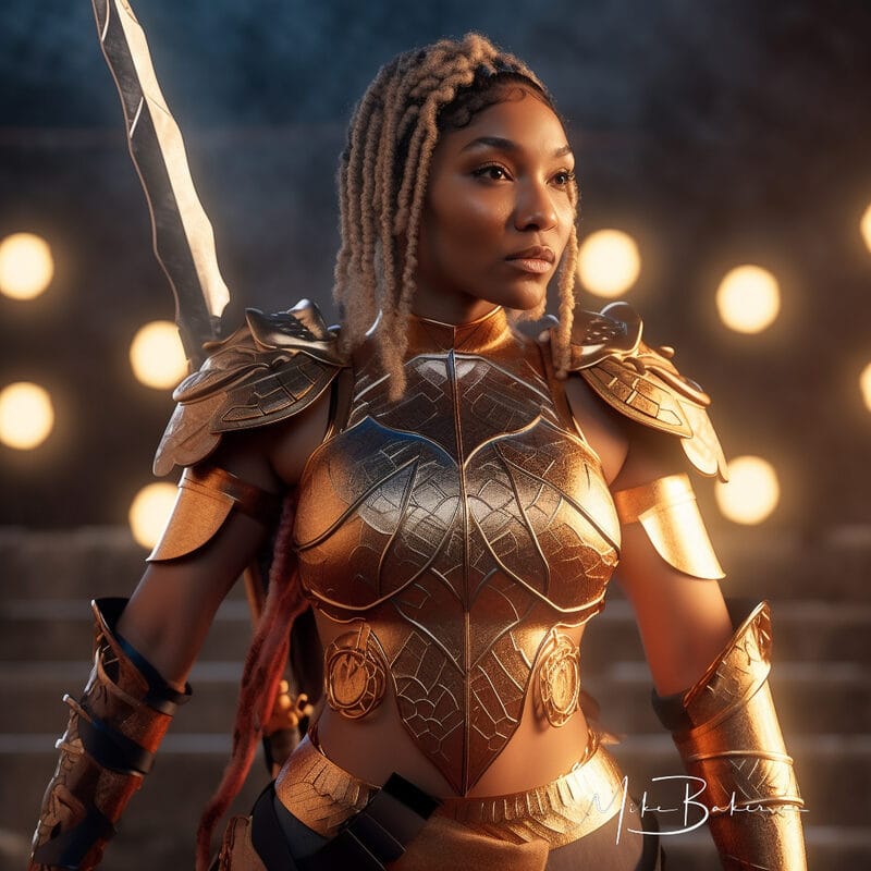 Warrior in bronze armour holding twin blades
