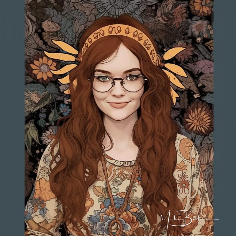 Illustrated portrait with glasses inside a sunflower halo