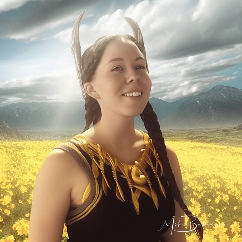 Warrior standing in a field of yellow blossom