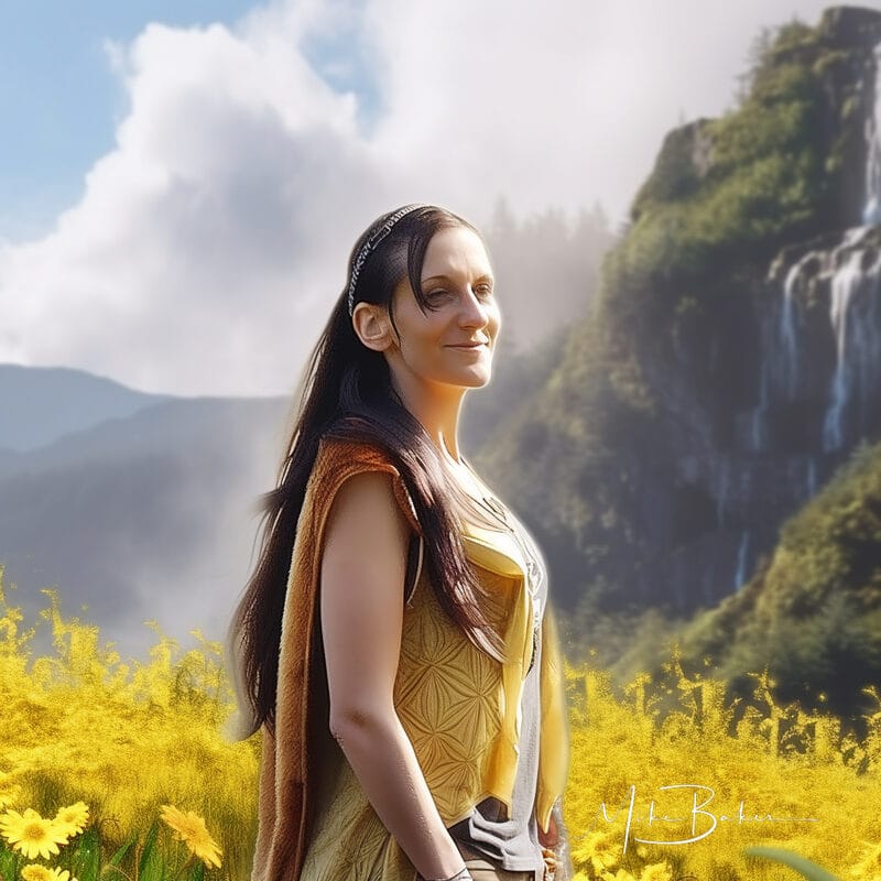 Figure standing small in a wide yellow field below mountains