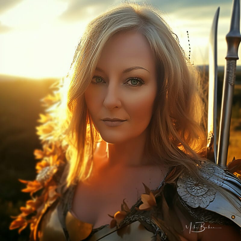 Portrait lit by low golden sun among tall flowers