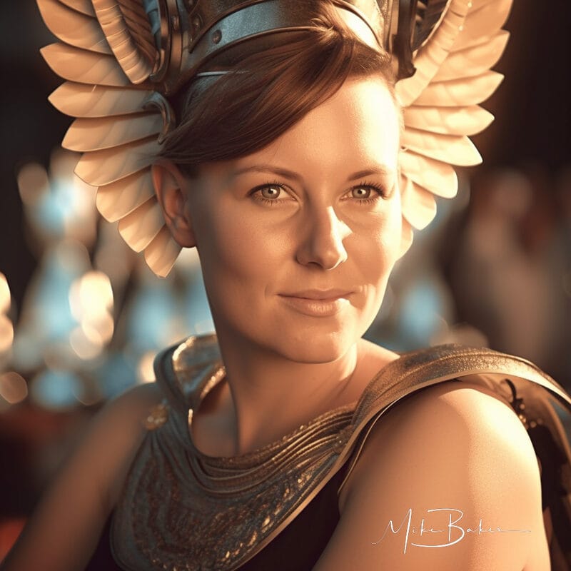 Warrior in a winged headdress, smiling warmly