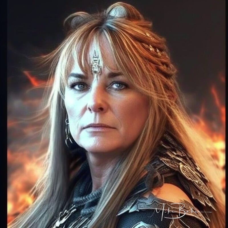 Older warrior with firelight behind her