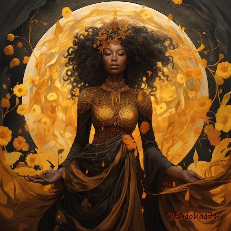 Seated goddess in gold before a full moon