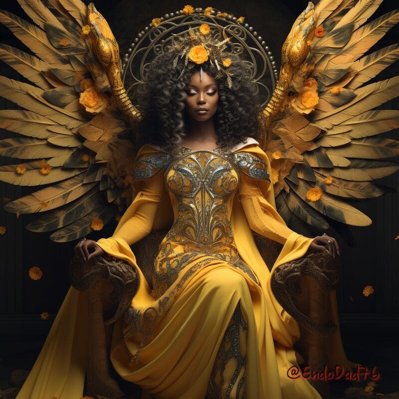 Winged goddess in flowing yellow