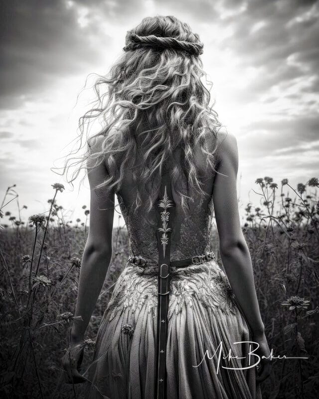 Black and white study of a figure seen from behind in a meadow