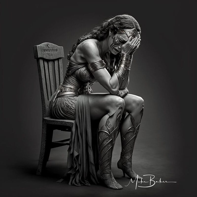 Black and white figure bent forward on a wooden chair