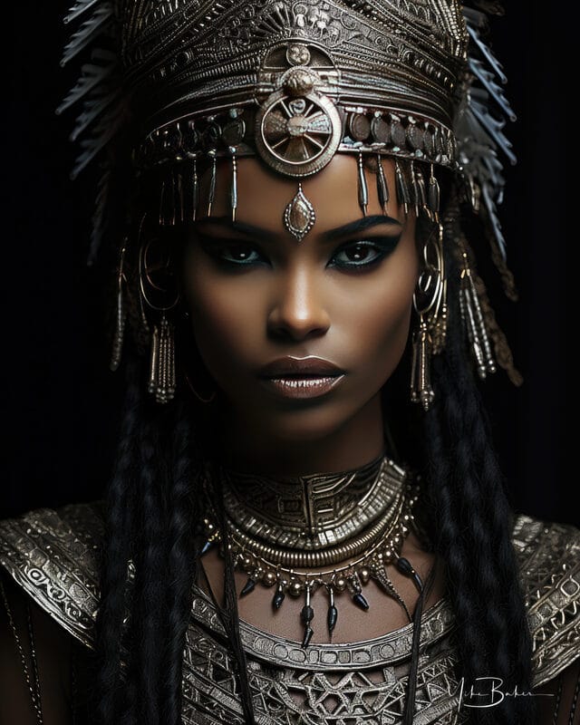 Portrait in a beaded headdress and gold collar