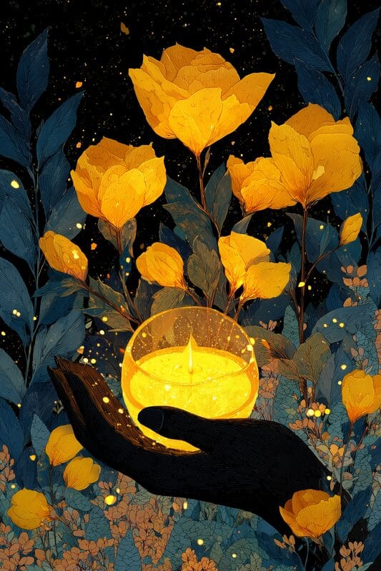 Yellow blossoms above a single lit candle