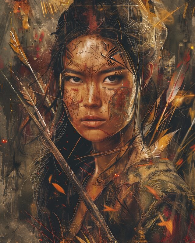 Warrior with gold painted skin carrying arrows