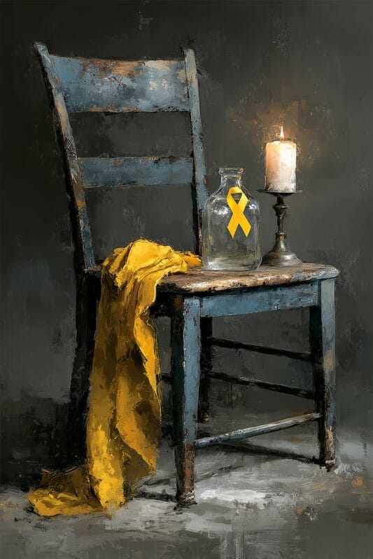 A yellow ribbon and a lit candle on a worn wooden chair