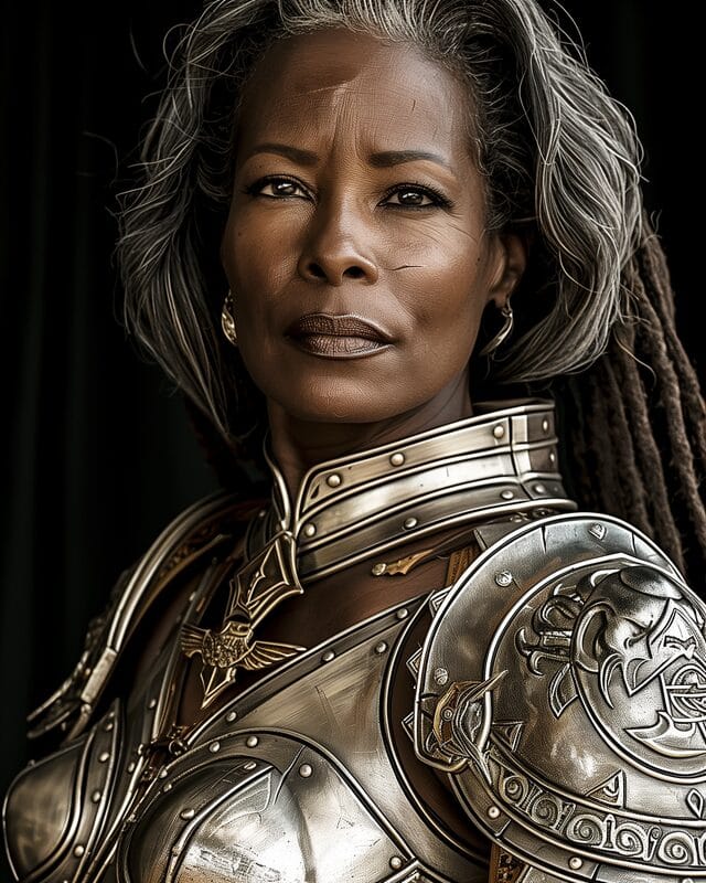 Older woman in polished silver armour
