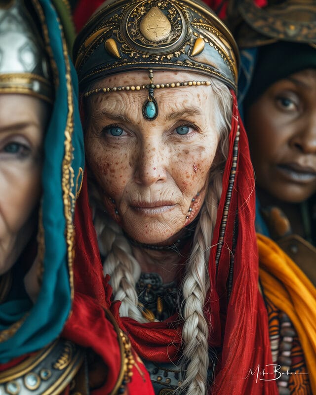 Elder warrior in red and blue with a jewelled circlet