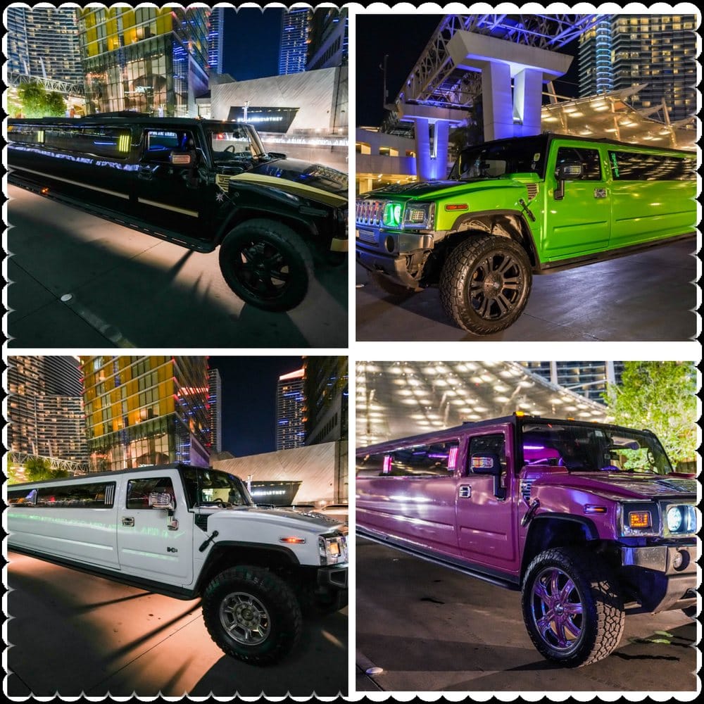 The limo company&rsquo;s Hummer fleet: black, green, white, and pink stretch Hummers