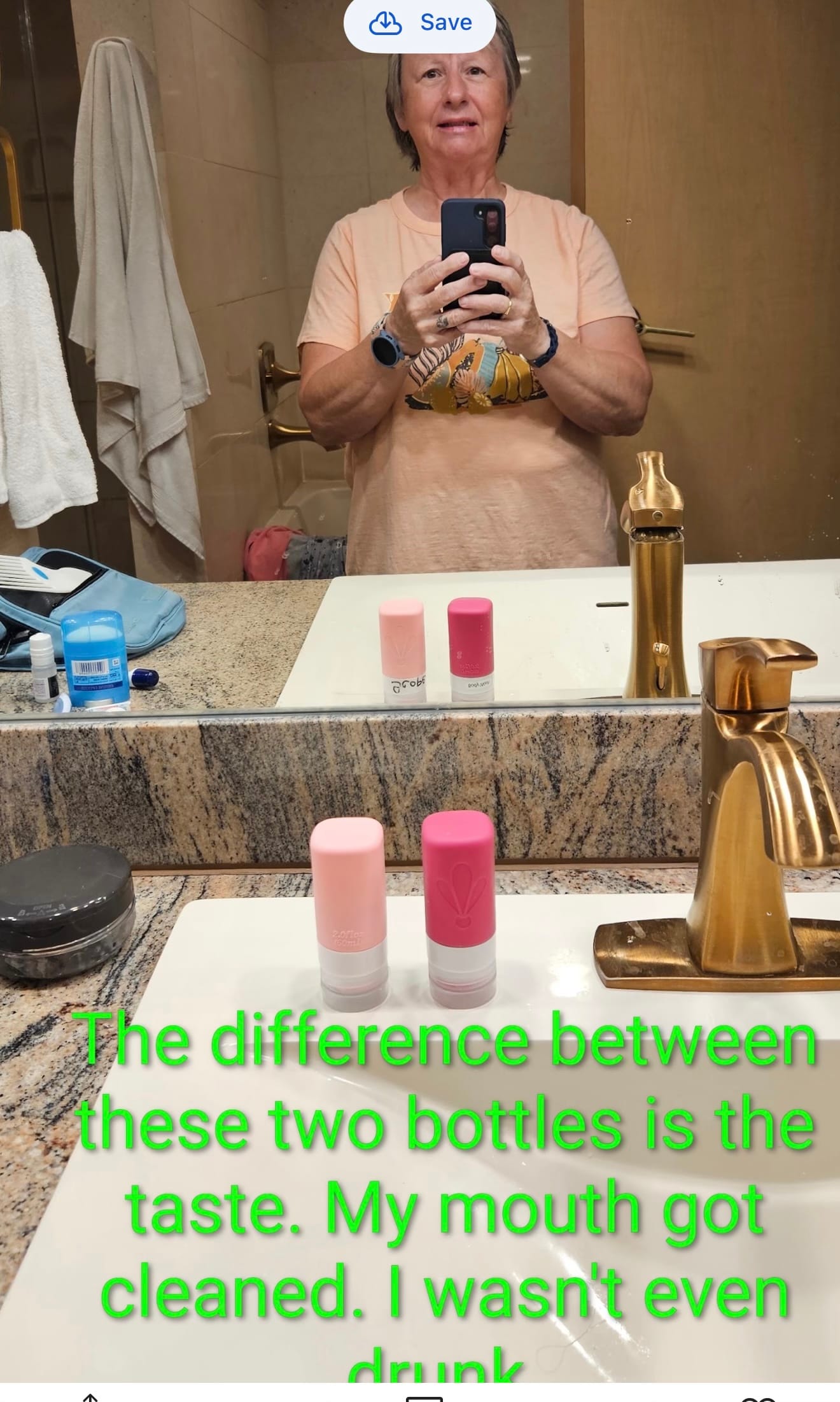 Two nearly identical travel bottles on a bathroom sink