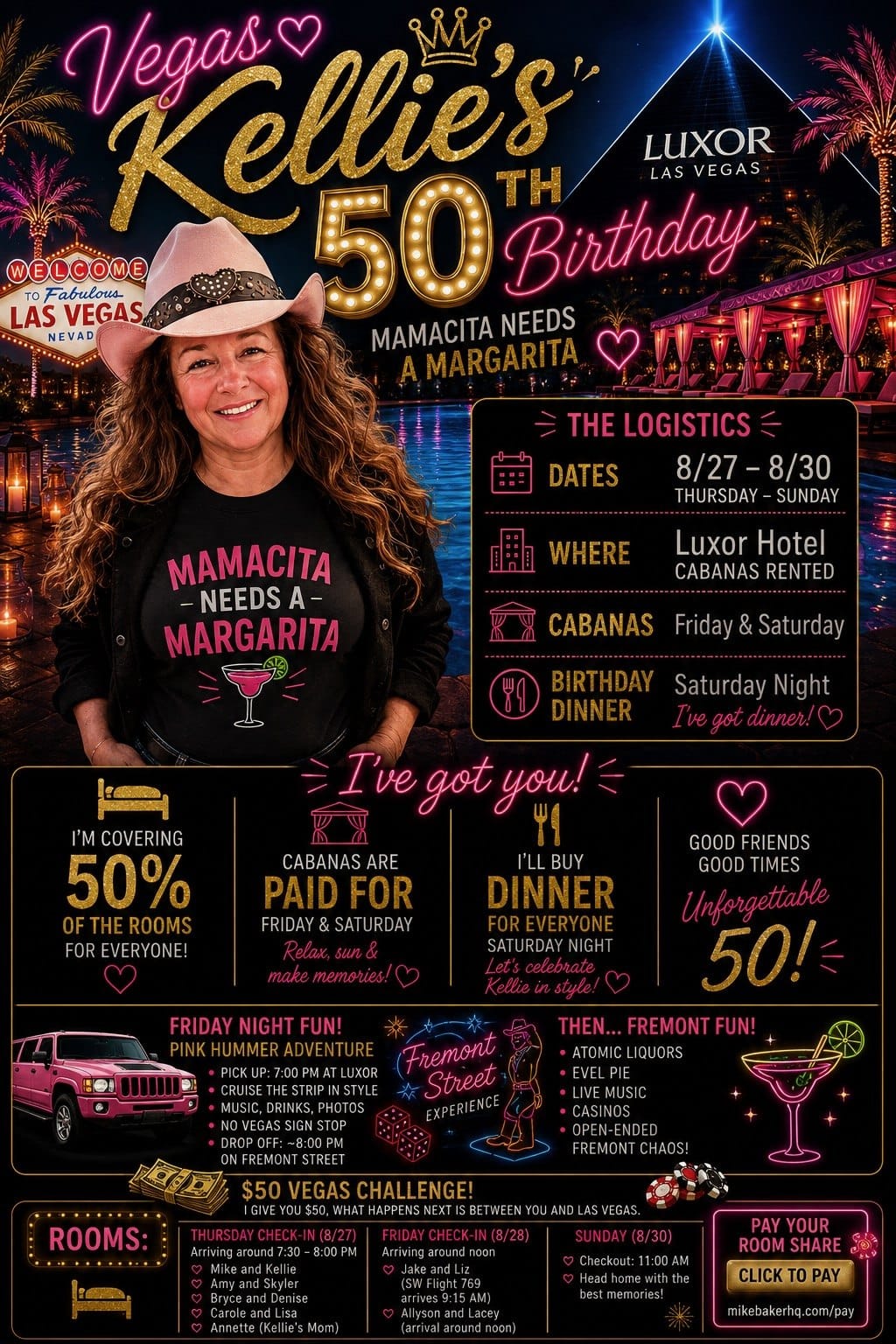 Kellie's 50th: Vegas, August 27 to 30, 2026. Kellie in a pink cowboy hat in front of the Luxor pool. Mamacita needs a margarita.