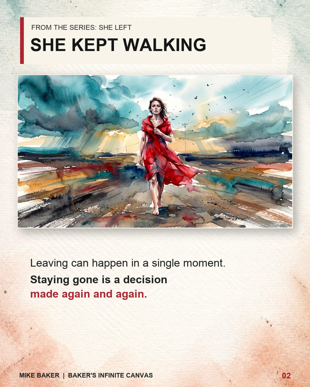 Watercolor artwork titled She Kept Walking showing a barefoot woman in red continuing along an open road beneath a heavy sky.